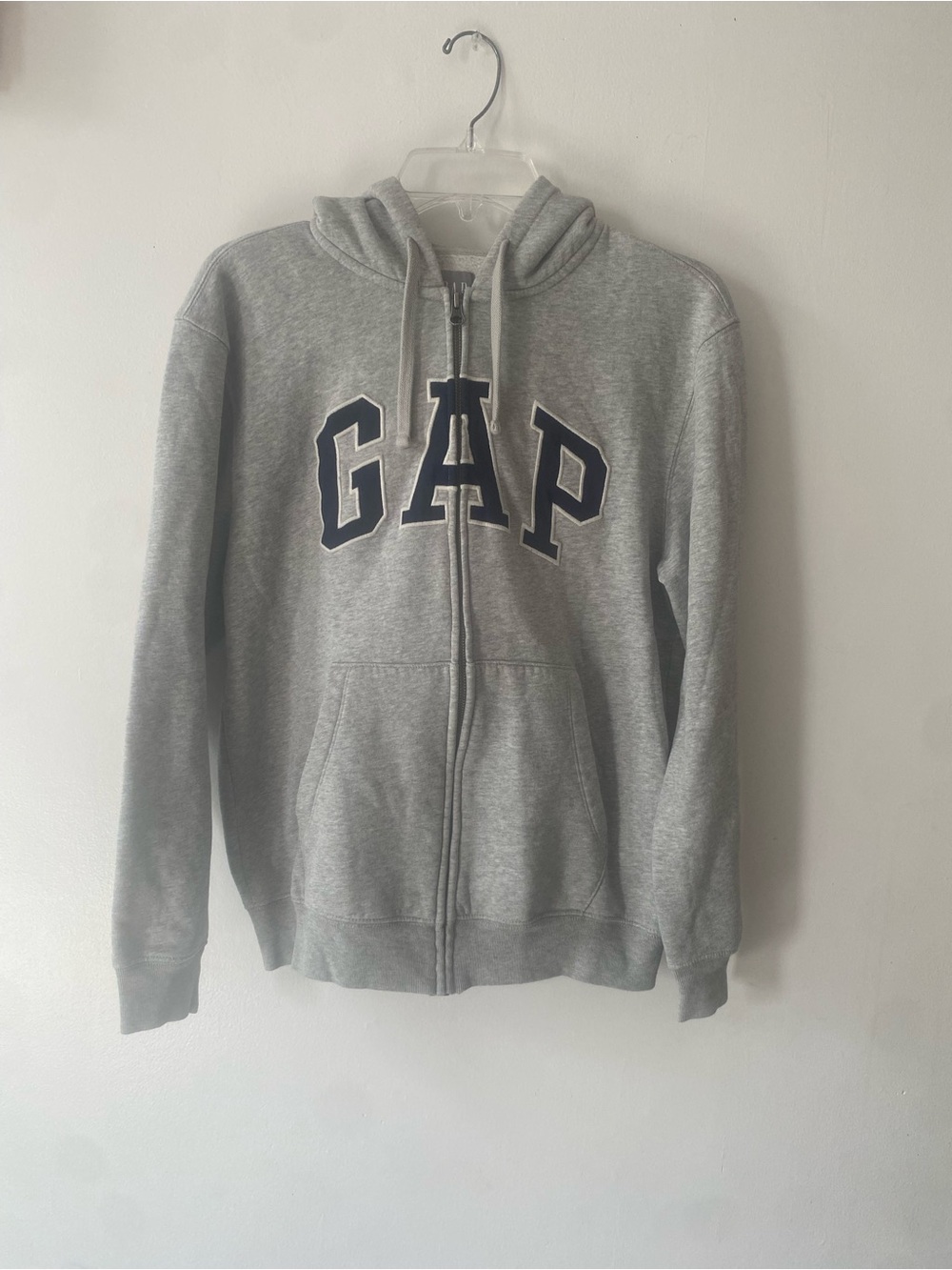 GAP Light Gray Zip Hoodie with Navy Lettering